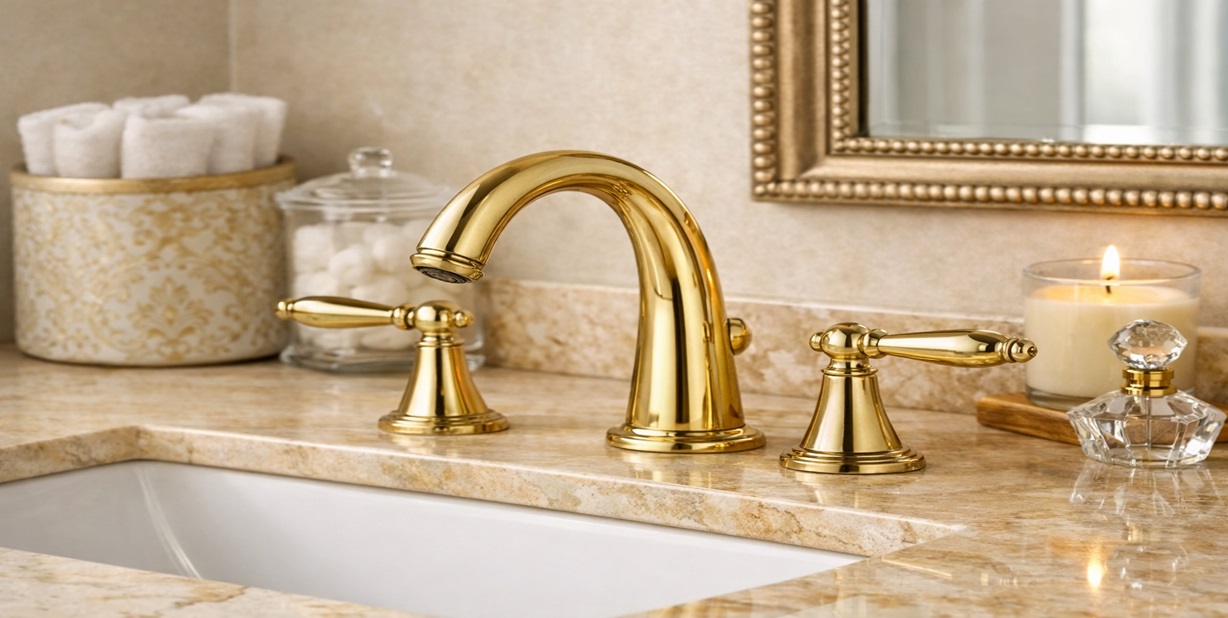 Mina gold finish widespread bathroom vanity faucet 3 hole double knobs waterfall spout